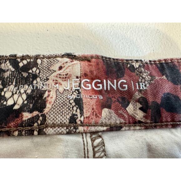 Chico's Platinum jeans pink brown floral & lace pattern jeggings  Sz 1 US 8 - Picture 6 of 7